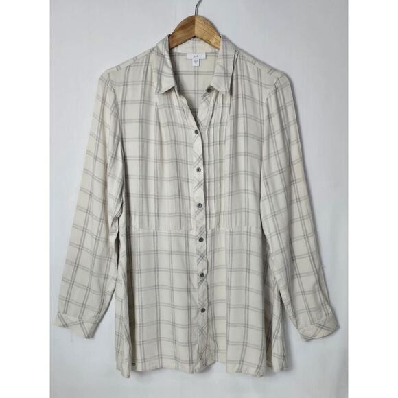 J Jill Womens Plaid Tunic Top Size Medium Tan Button Down Pleated Shirt - Picture 1 of 5